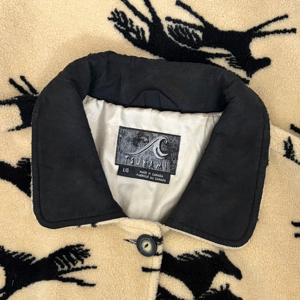 TSUNAMI Equestrian Horse Print Fleece Jacket Faux Suede Trim Buttons Large - Picture 11 of 13